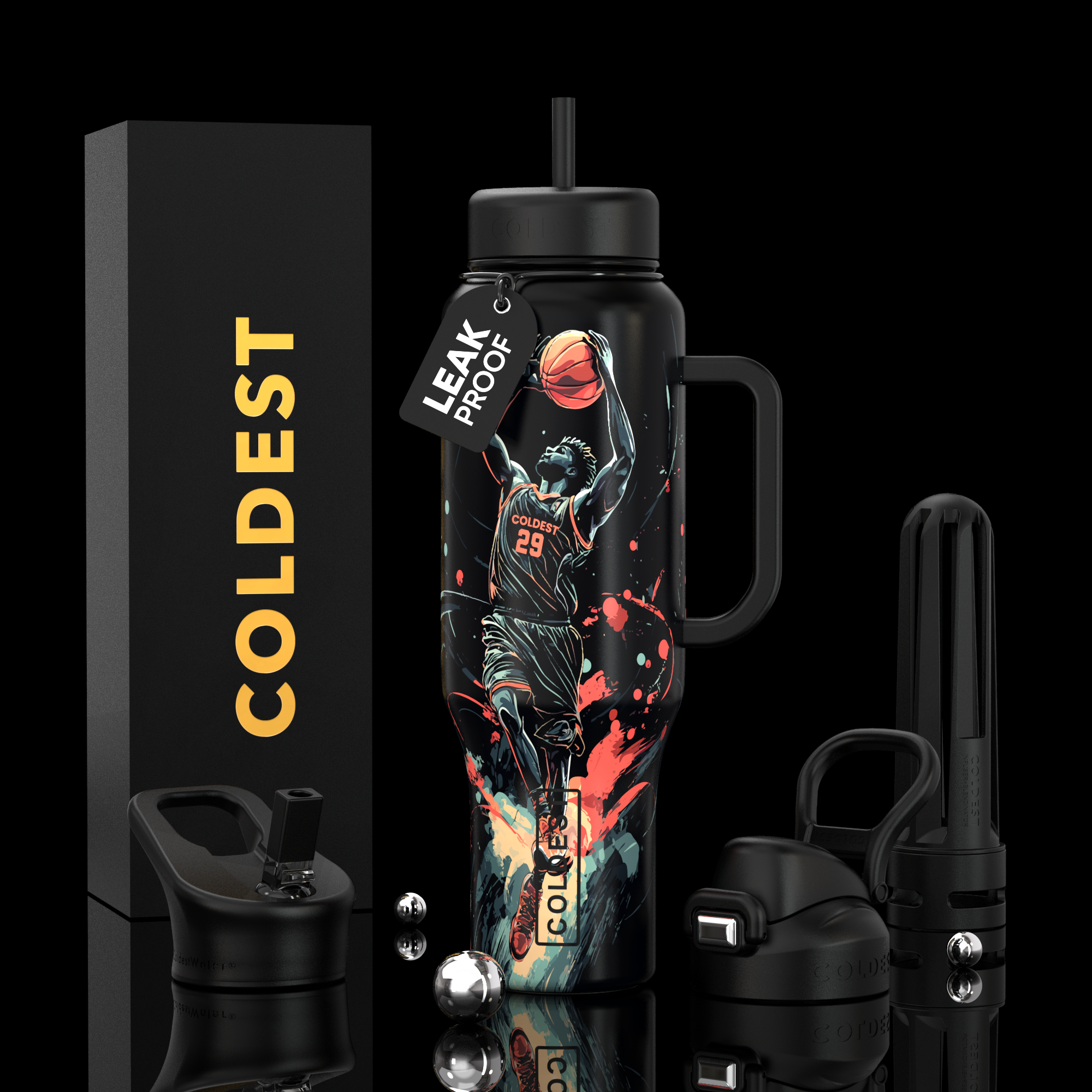 COLDEST 46oz Leakproof Insulated Tumbler with 3 Lids
