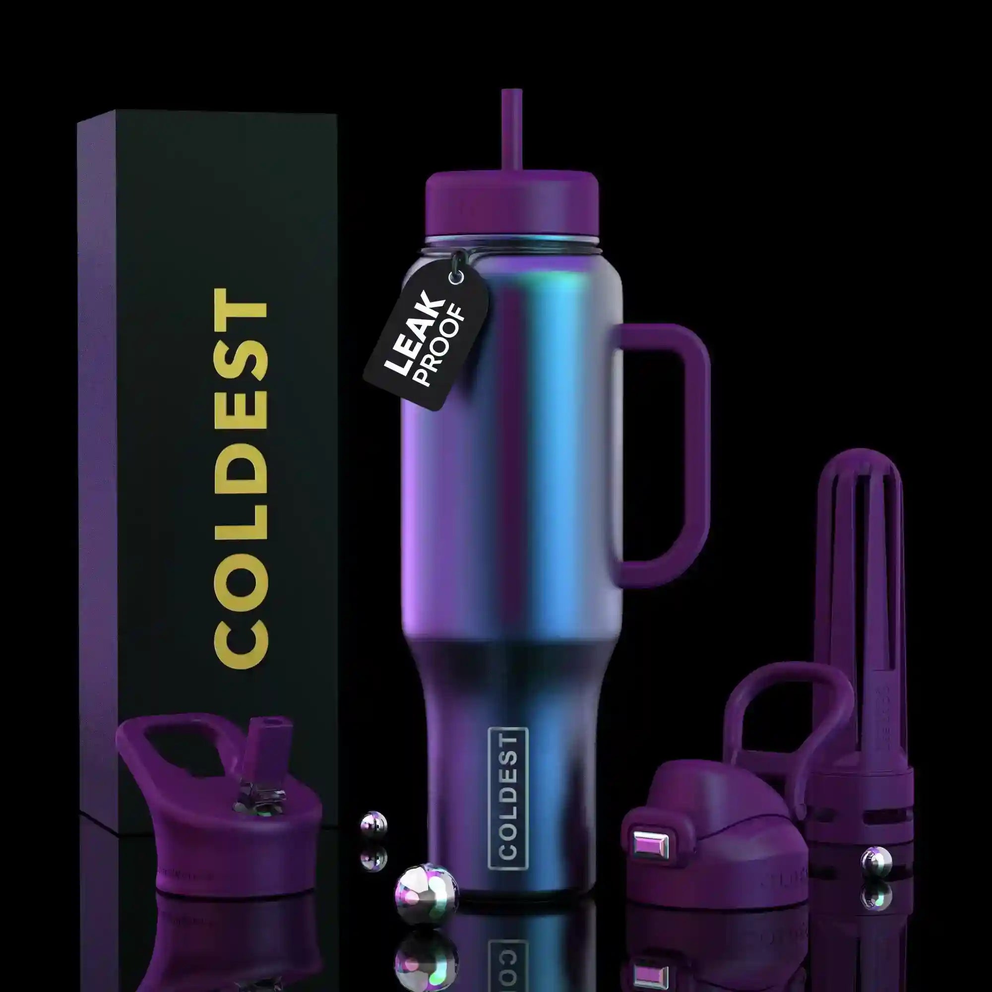 COLDEST 46oz Leakproof Insulated Tumbler with 3 Lids